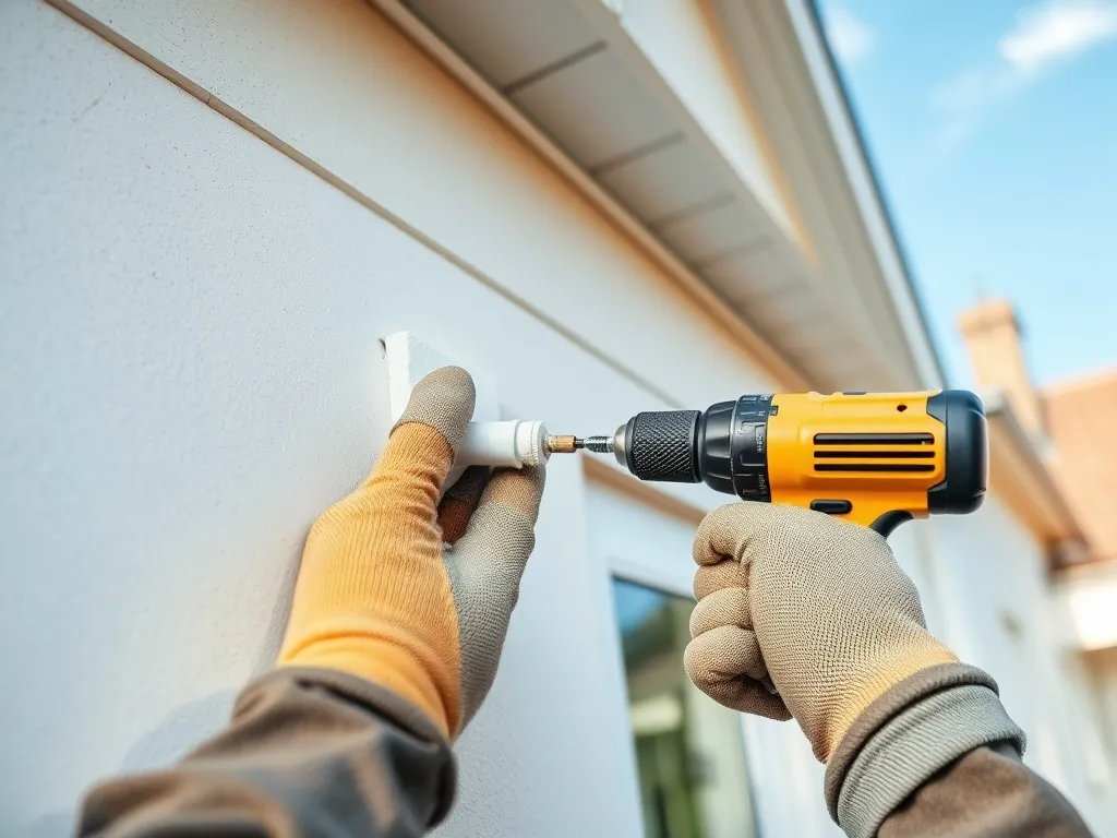 Ręce pracownika kołkujące styropian do ściany zewnętrznej domu, widoczne kołki i zamontowane płyty elewacyjne w tle