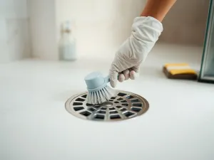 Ręka w rękawiczce czyści szczotką metalowy odpływ liniowy w nowoczesnym prysznicu, obok butelka ze środkiem i gąbka