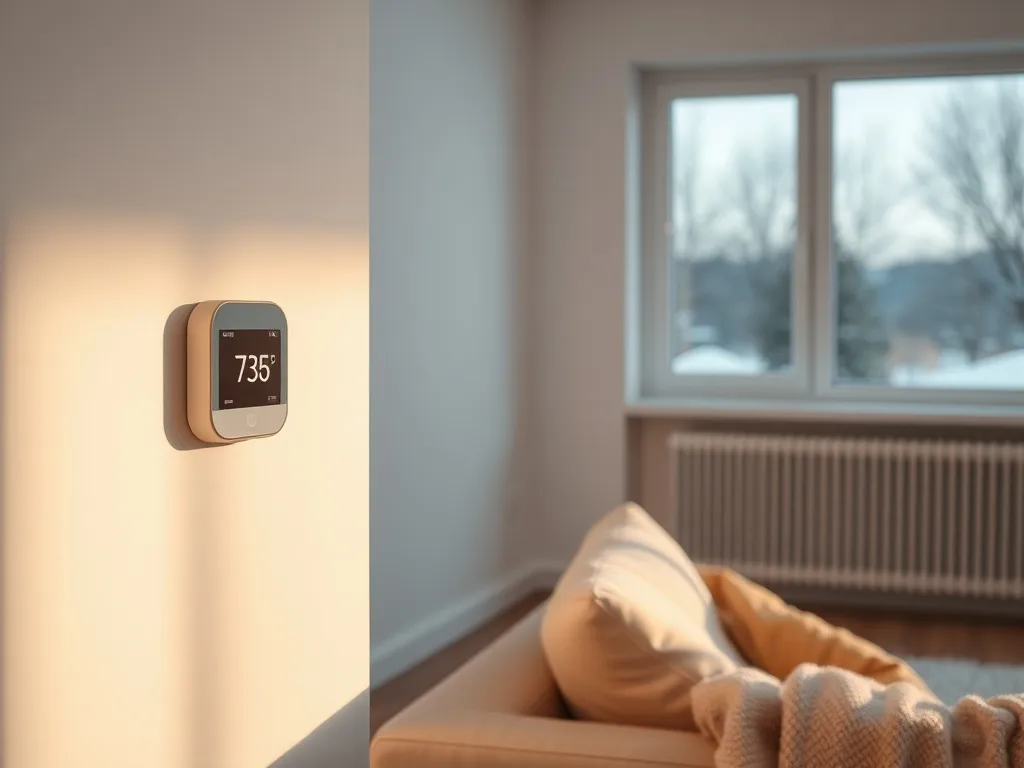 Przytulny salon z termostatem na ścianie i kaloryferem pod oknem, podkreślający ciepło w domu i oszczędne ogrzewanie.