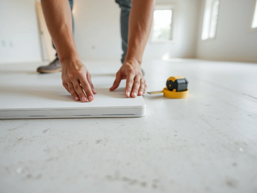 Układanie białych płyt styropianowych na równej posadzce betonowej w jasnym, niewykończonym pomieszczeniu